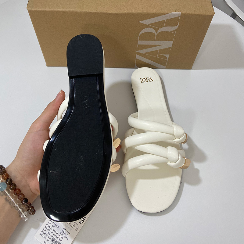 ZA2023 new flat slippers women's summer outer wear round toe thick-strap buckle metal decoration open toe back empty semi-slipper sandals
