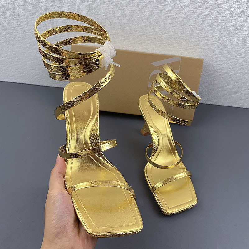 ZA women's shoes 2022 summer new golden ankle spiral lace-up high heels women's nightclub sexy square toe thin strap sandals