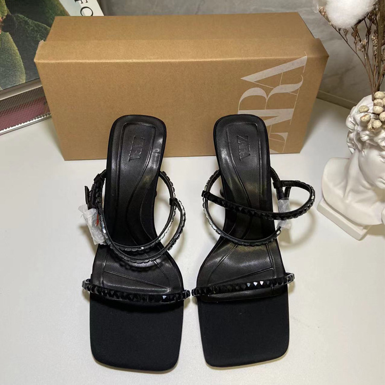Spanish Foreign trade ZA shoes 2023 new French style ankle-strap stilettos water brick shiny ornament square toe thin strap high heel sandals