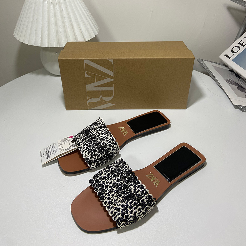 ZA2023 New woven flat slippers women's summer outer wear with black square toe open toe rear empty semi-slipper sandals