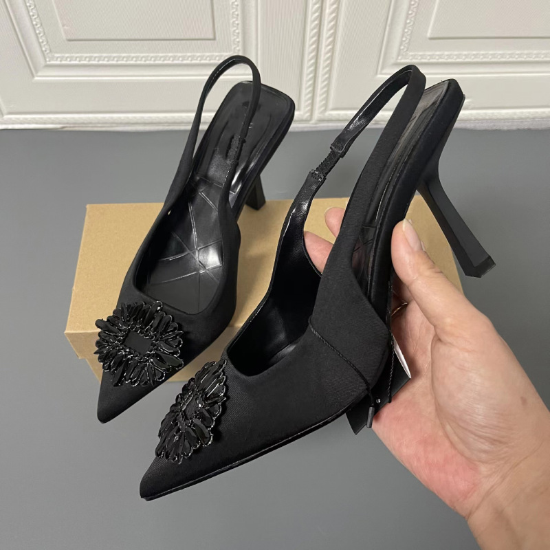 ZA women's shoes 2023 new black crystal buckle closed toe sandals women's summer versatile pointed stiletto heel high heels women