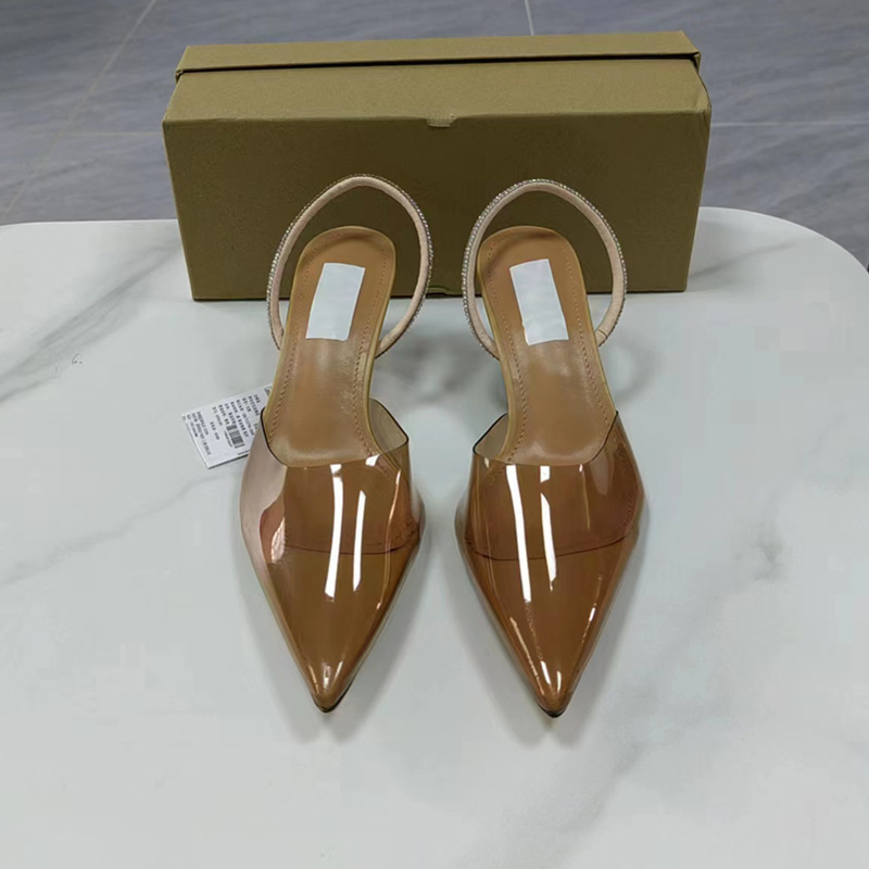 Z women's shoes 2023 Summer new open heel pointed high heels women's stiletto heel diamond back strap PVC transparent sandals