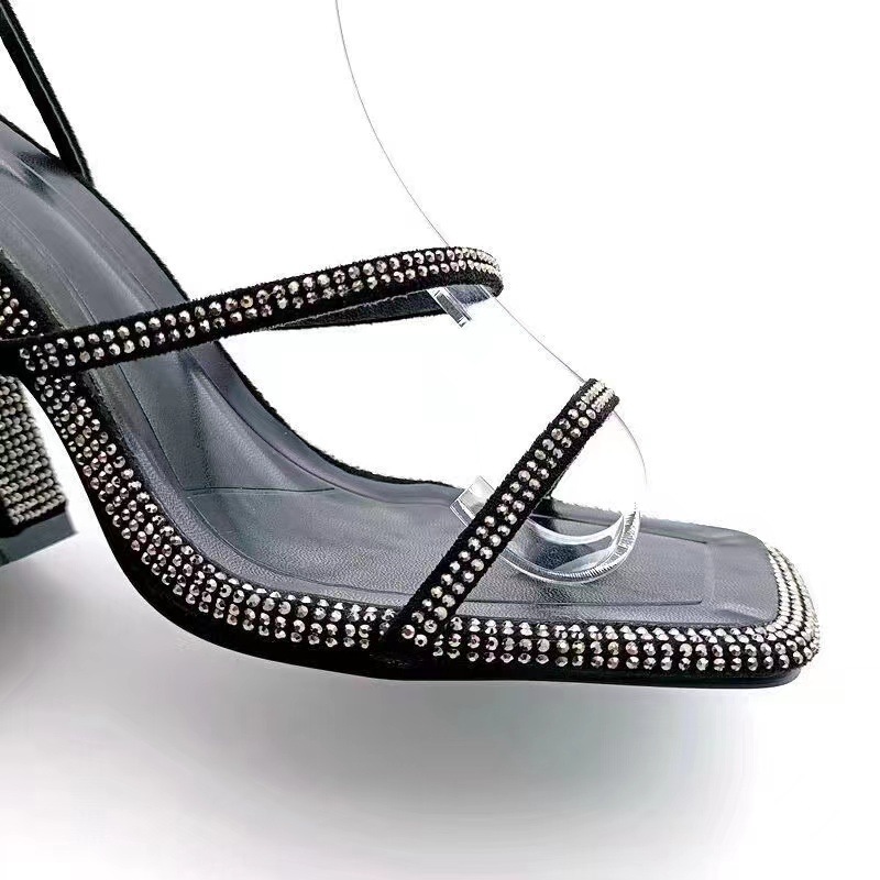 ZA women's shoes 2023 new metal silver rhinestone chunky heel stiletto high heels open toe square toe ankle strap sandals