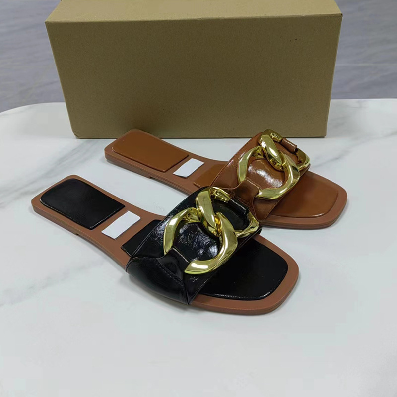 Foreign trade cross-border Spanish Z 2023 new one-word slippers women's summer outer wear fashion metal buckle flat sandals