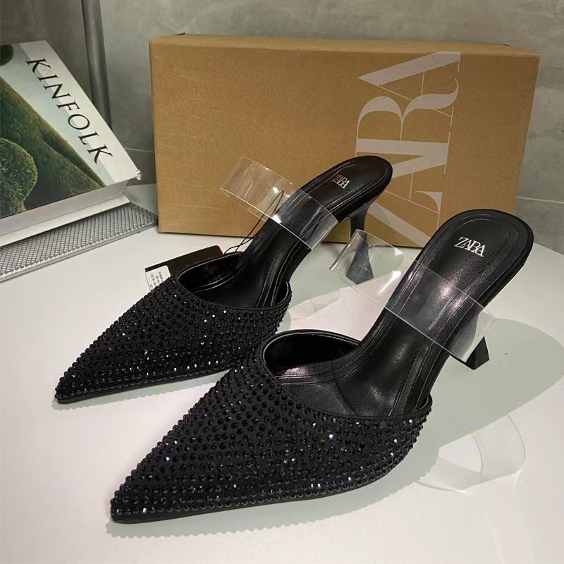 ZA women's shoes new French style pointed toe toe cap high heels black rhinestone shallow mouth PVC strap slingback sandals women