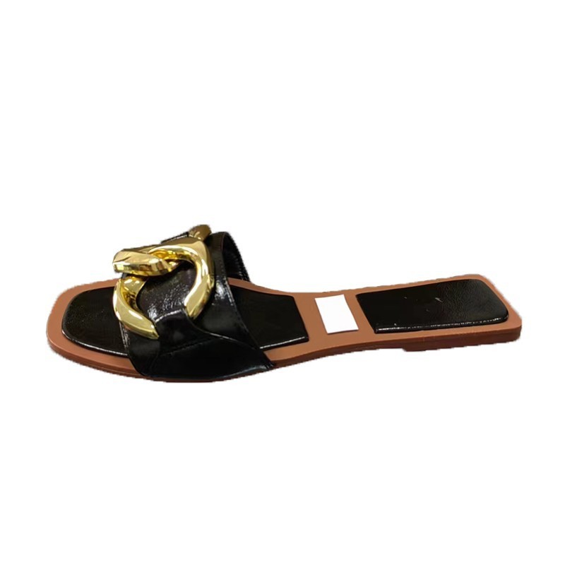 Foreign trade cross-border Spanish Z 2023 new one-word slippers women's summer outer wear fashion metal buckle flat sandals