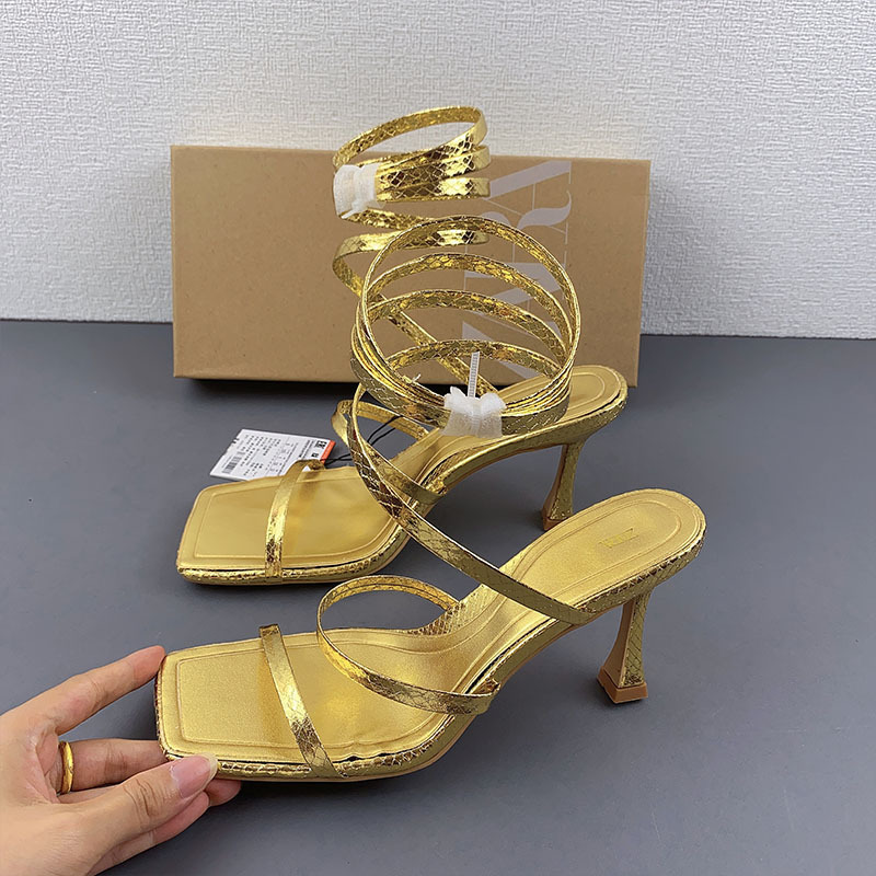 ZA women's shoes 2022 summer new golden ankle spiral lace-up high heels women's nightclub sexy square toe thin strap sandals