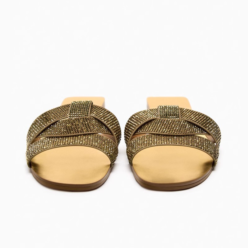 Foreign trade ZA women's shoes 2023 New Golden bright cross strap flat slippers women's summer leisure rhinestone beach sandals
