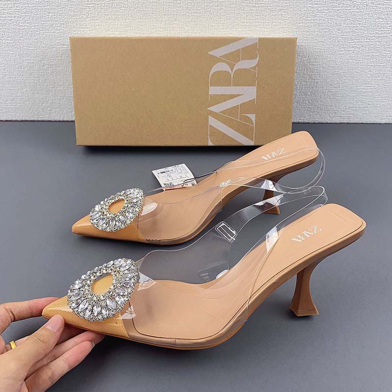 Foreign trade ZA high heels new fairy temperamental crystal transparent mules shoes pointed toe toe cap round buckle rhinestone sandals for women
