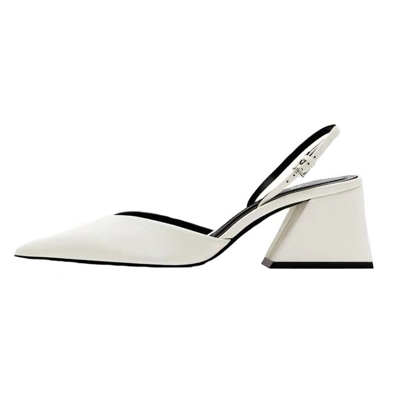 Foreign trade ZA2023 summer new women's shoes White closed toe pointed high heels women's fashion back strap chunky heel sandals