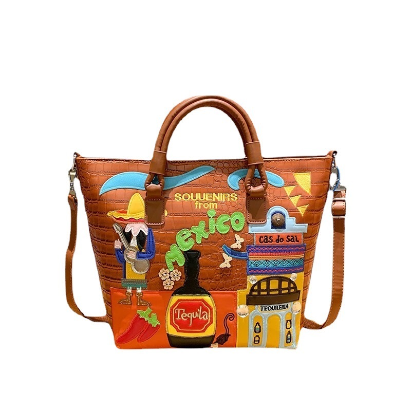 Original niche Mexico theme embroidery large capacity casual shoulder bag portable tote bag