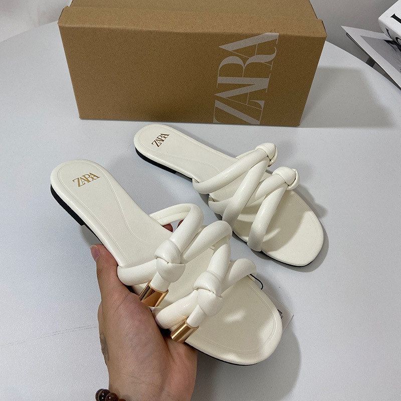 ZA2023 new flat slippers women's summer outer wear round toe thick-strap buckle metal decoration open toe back empty semi-slipper sandals