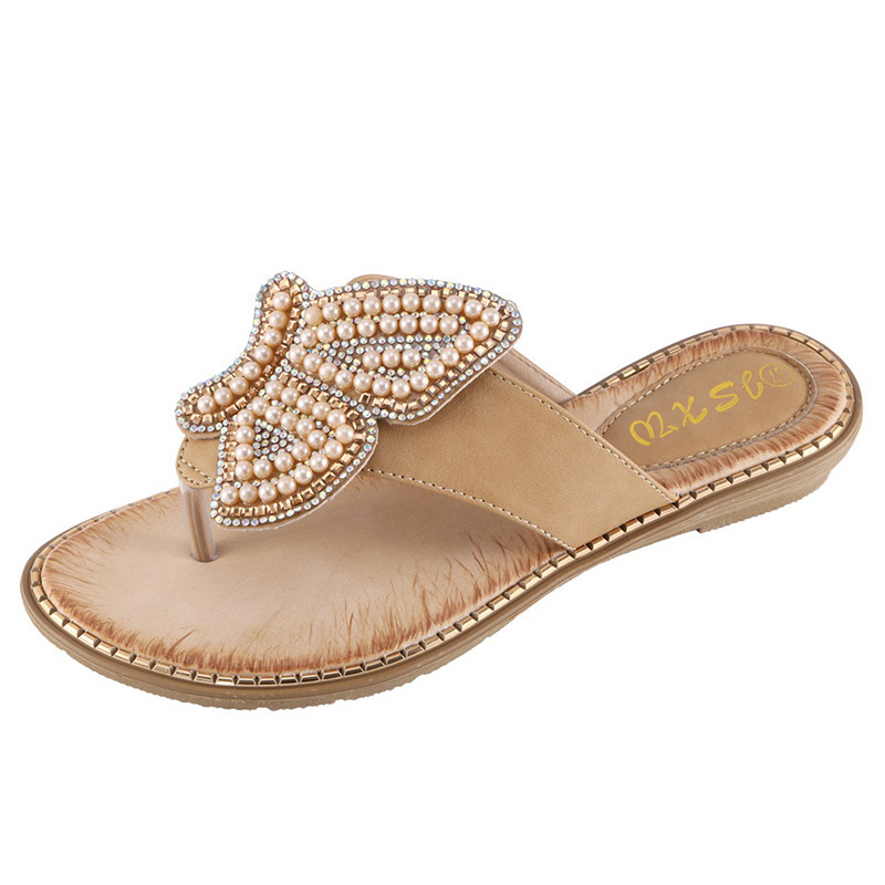 Rhinestone Pearl butterfly decorative women's shoes outdoor flip-flops cross-border large size women's sandals one piece dropshipping