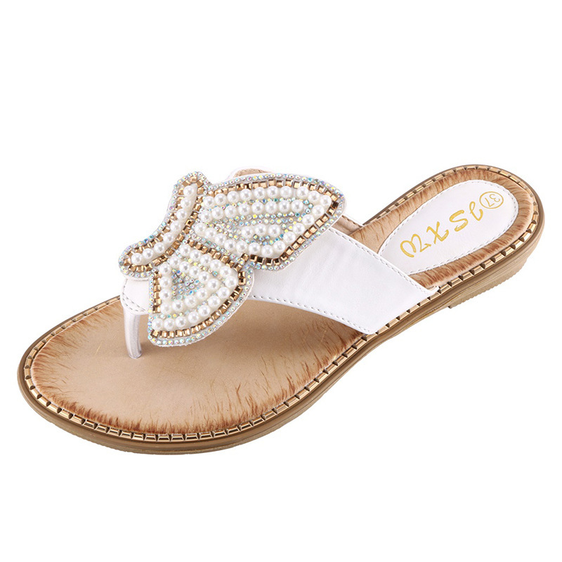 Rhinestone Pearl butterfly decorative women's shoes outdoor flip-flops cross-border large size women's sandals one piece dropshipping