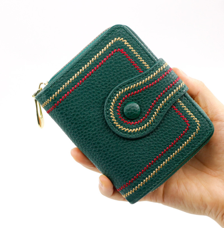 New Korean style women's short bag zipper hasp wallet litchi pattern embroidered solid color coin purse certificate card holder