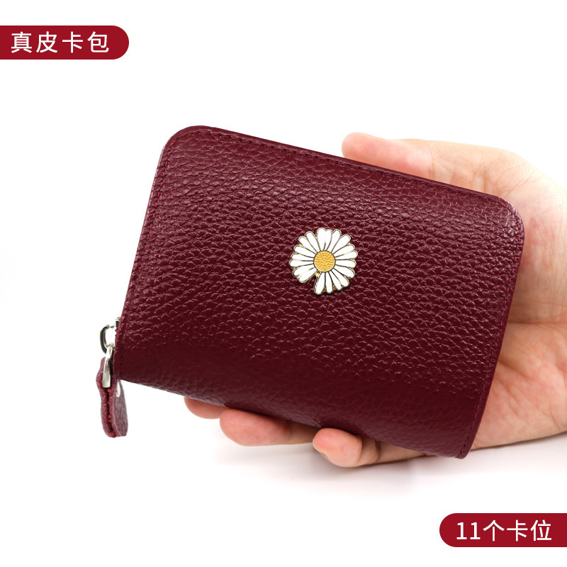 Personality expanding card holder Korean style women's cowhide multiple card slots chrysanthemum zipper ID holder card holder mini purse