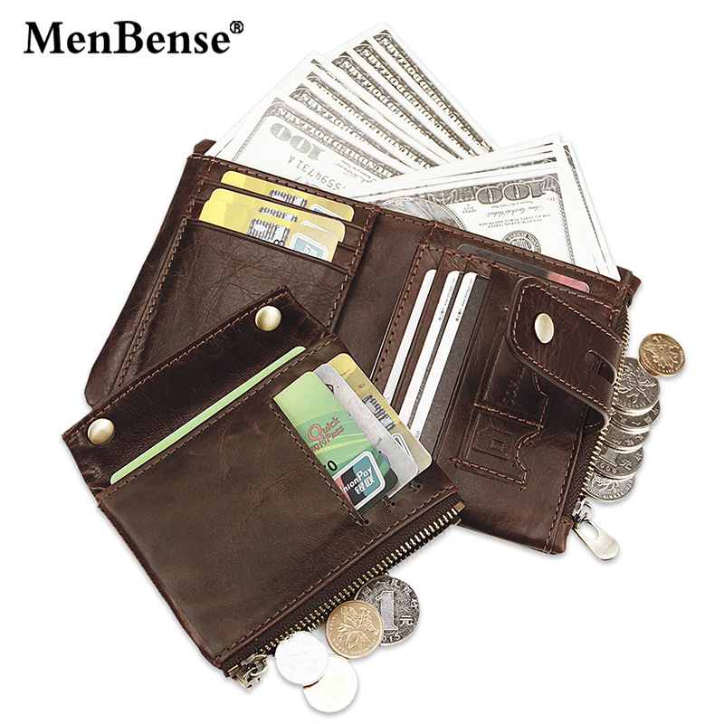 European and American new first layer cowhide men's leather wallet short tri-fold bag multiple card slots Crazy Horse leather buckle wallet
