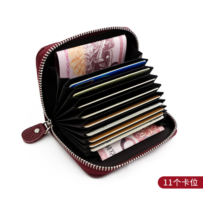 Personalized New expanding card holder short wallet genuine leather multi-card litchi pattern men and women Large Capacity card case