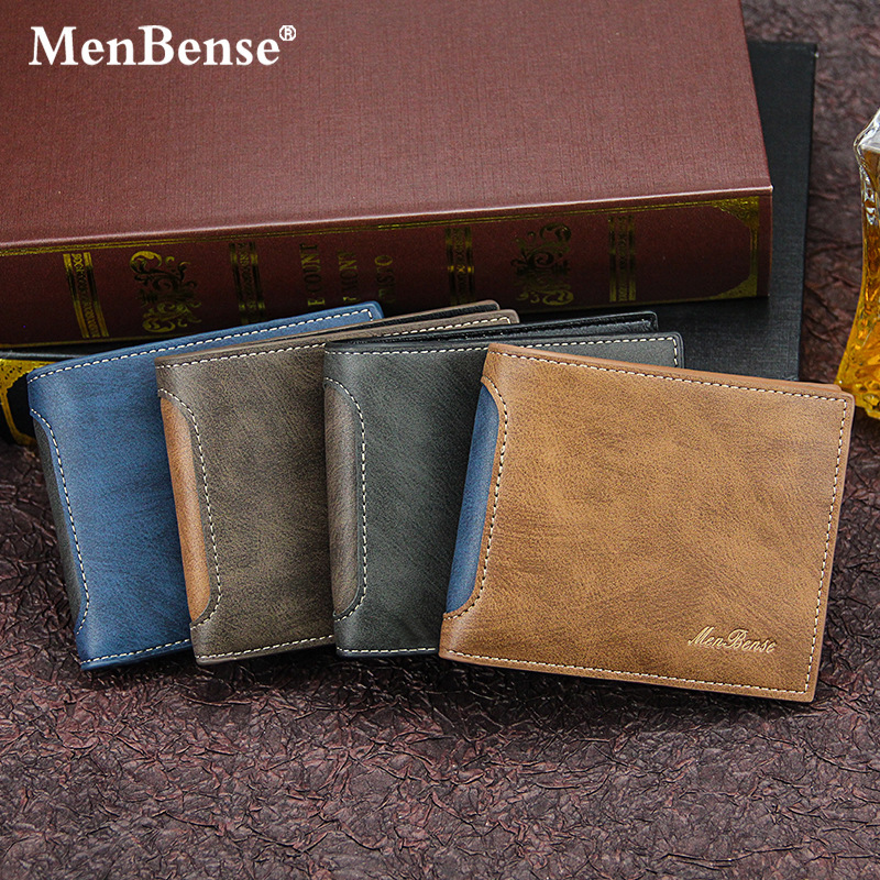 MenBense new men's wallet short fashion casual patchwork multiple card slots tri-fold bag men's wallet