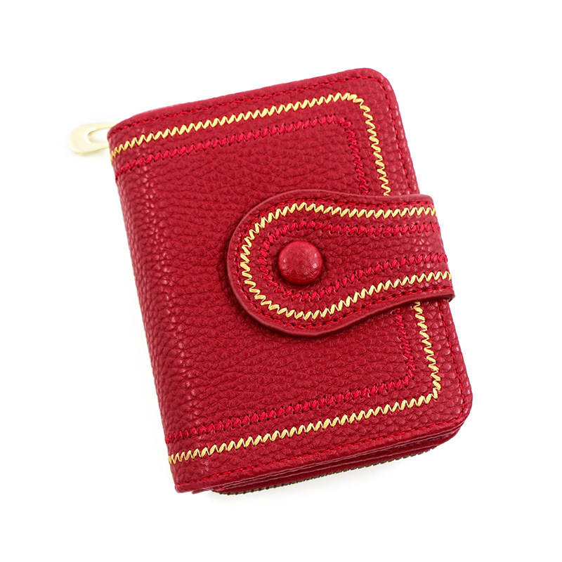 New Korean style women's short bag zipper hasp wallet litchi pattern embroidered solid color coin purse certificate card holder