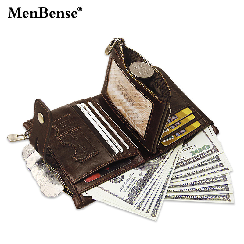 European and American new first layer cowhide men's leather wallet short tri-fold bag multiple card slots Crazy Horse leather buckle wallet