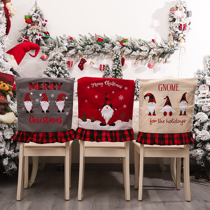 Cross-border European and American new Christmas decoration supplies checked cloth chair back cover linen machine embroidered faceless chair cover for the elderly