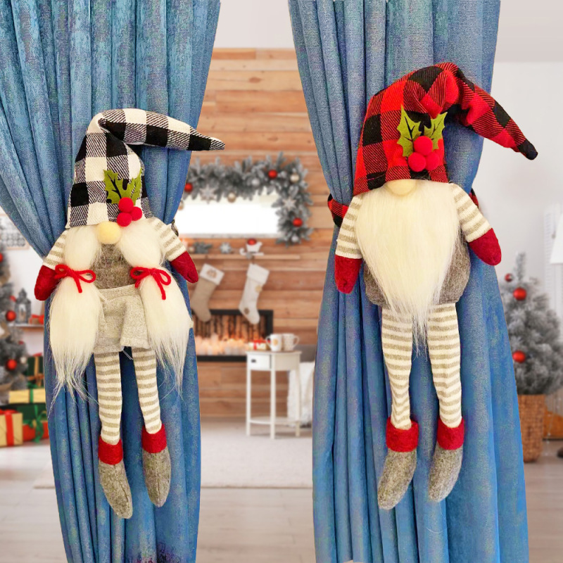 Christmas product creative couple doll curtain holding red and black plaid cap Faceless Old man curtain buckle window atmosphere layout