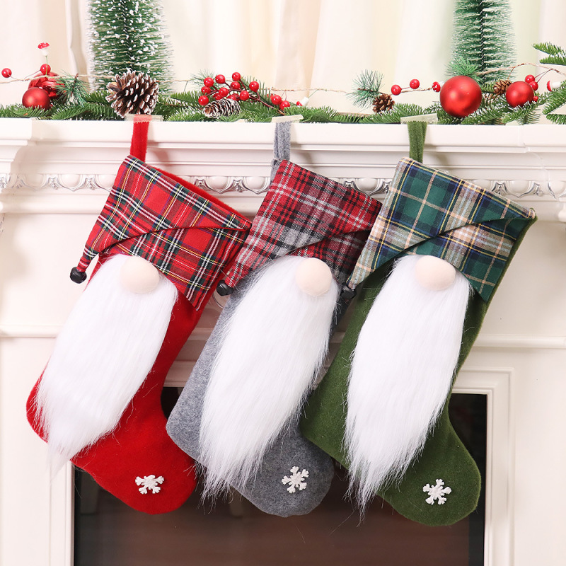 cross-border new Christmas decorations long beard plaid hat faceless doll Christmas stockings bedside gift bag