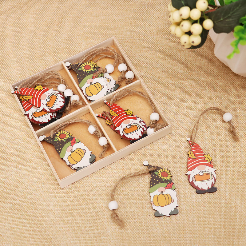 New Harvest Festival decoration a box of 12 cartoon faceless doll pillow pumpkin wooden pendant cross-border