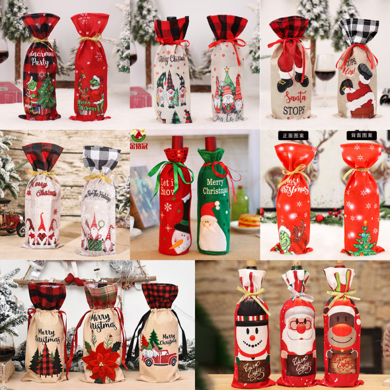 Christmas picture customization customized printing red wine bottle sets of red and black plaid linen champagne bottle bag wholesale