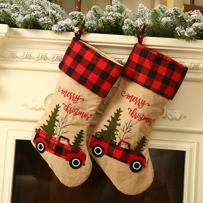 new Christmas decorations linen machine embroidery red, black and white plaid creative cartoon tractor Christmas decorative socks