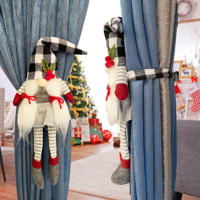 Christmas product creative couple doll curtain holding red and black plaid cap Faceless Old man curtain buckle window atmosphere layout