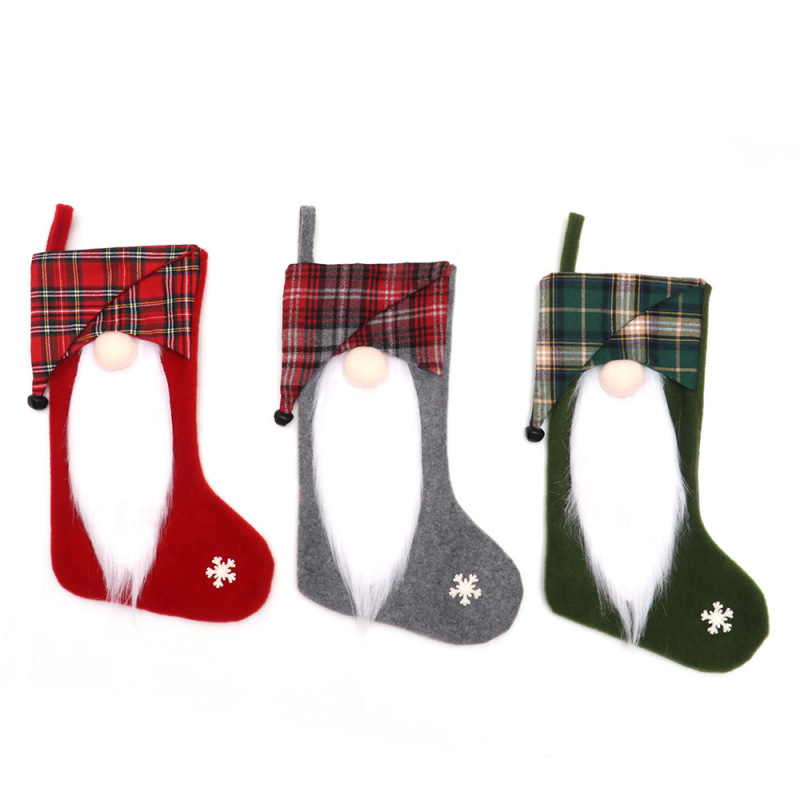 cross-border new Christmas decorations long beard plaid hat faceless doll Christmas stockings bedside gift bag