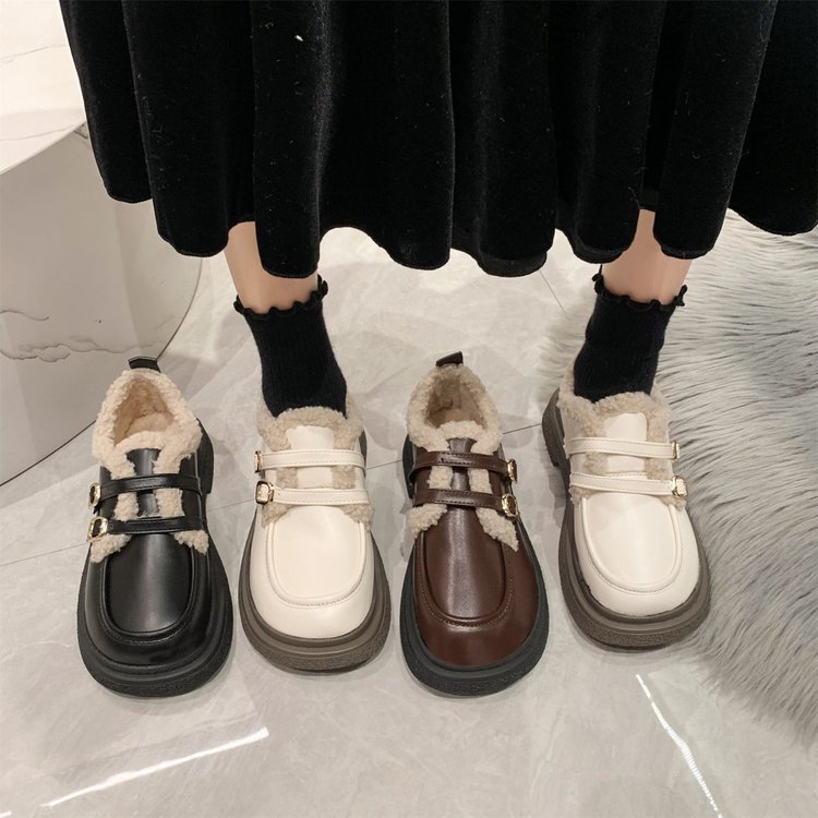 Women's cotton-padded shoes new women's shoes winter British cotton buckle leather shoes women's preppy style thermal casual shoes