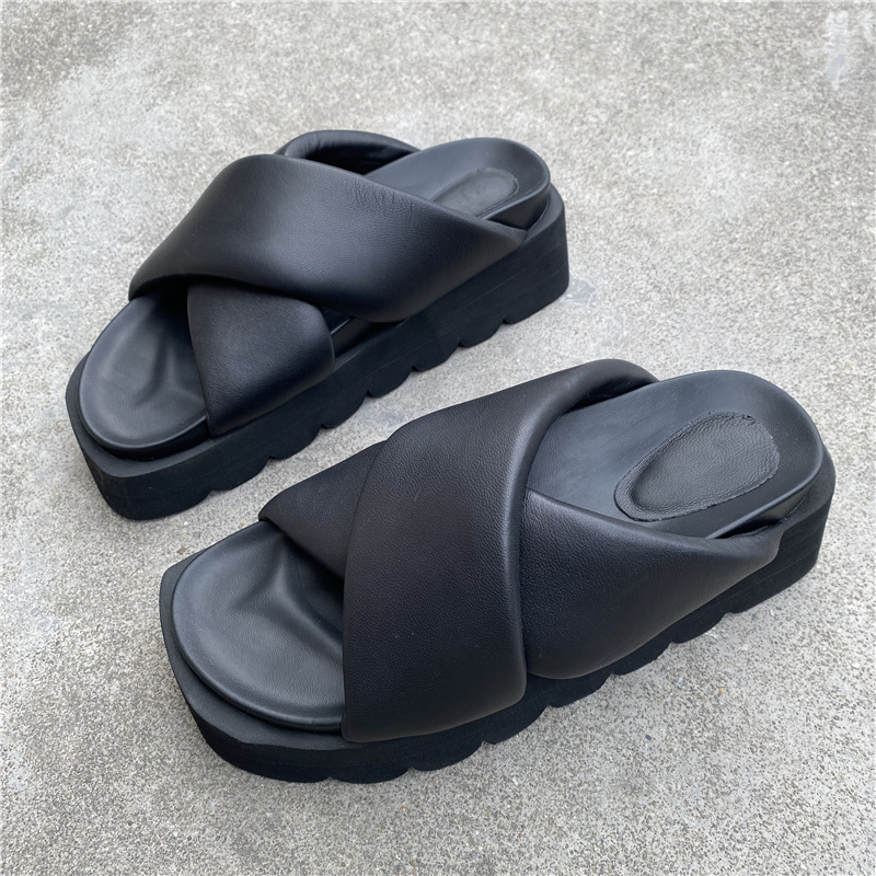 New summer black cross-strap thick bottom increased casual genuine leather slippers women's outdoor fashion sofa slippers
