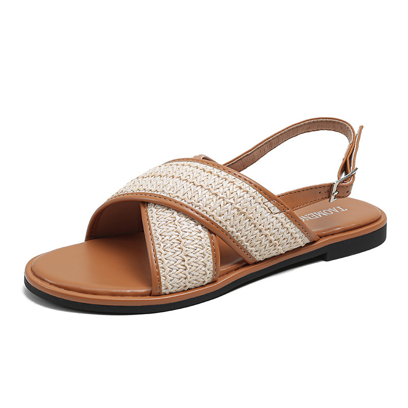 [Same style as Su cojin] California beach_vacation weaving color matching cross strap sandals women's sandals for outerwear