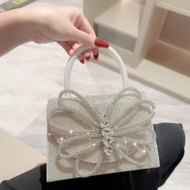 Shiny new dinner bag rhinestone bow small square bag crossbody bag hand holding tote clutch wedding clothes bag
