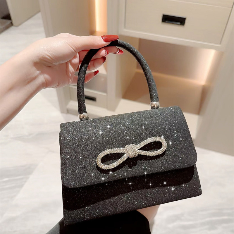 Cross-border in stock bow rhinestone glitter dinner handbag solid color lady temperament square bag shoulder crossbody evening