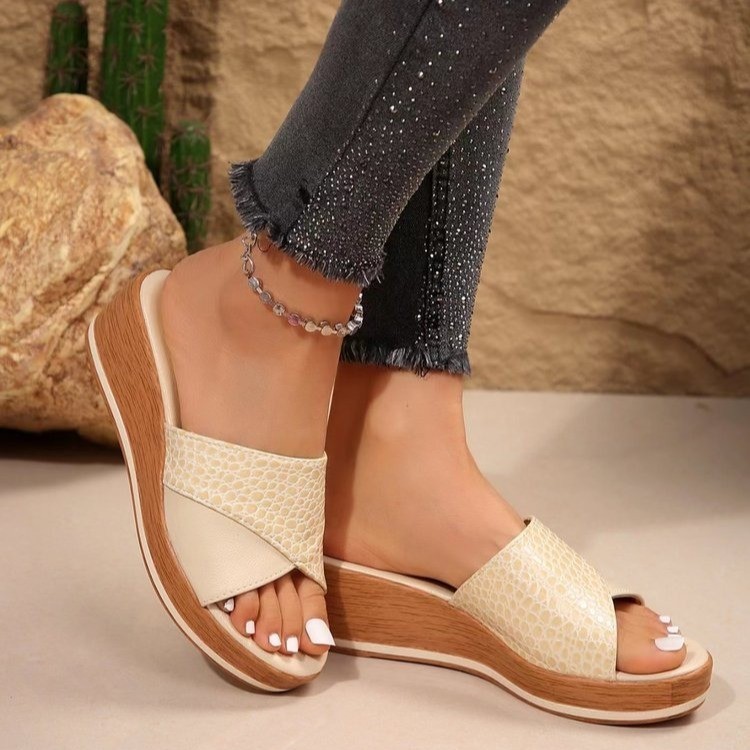 European and American Foreign trade plus size stone pattern peep toe platform slippers women's cross-border casual outdoor wedge sandals wish