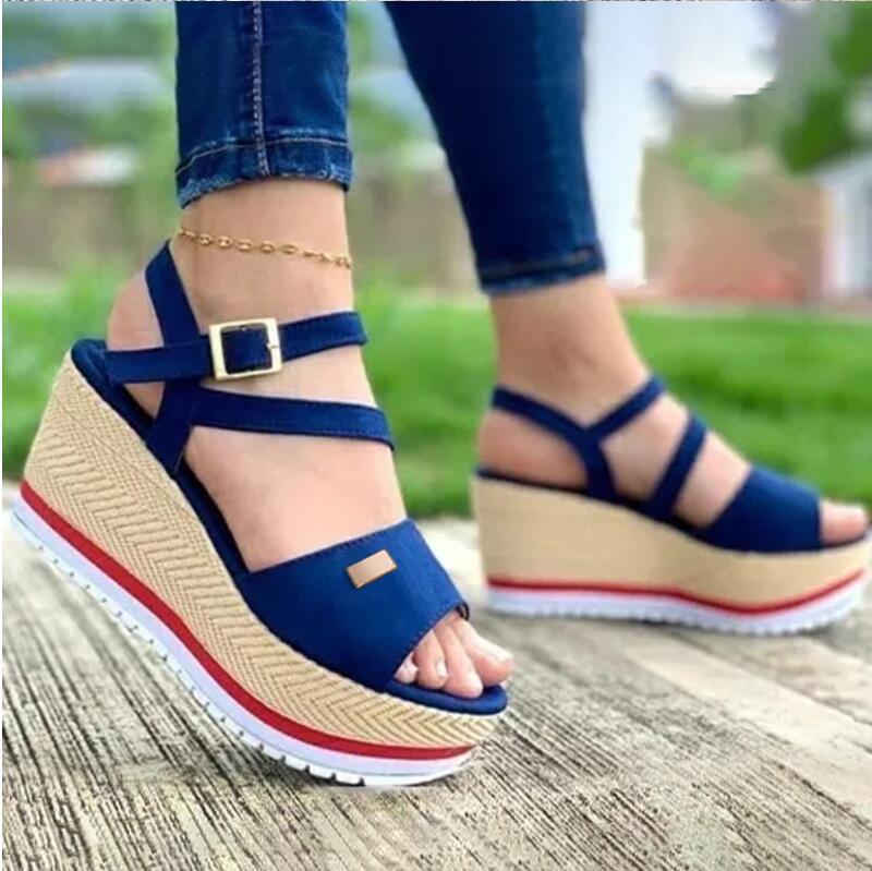 European and American Foreign trade plus size wedge peep toe sandals women's summer thick bottom buckle waterproof platform Roman shoes wish Amazon