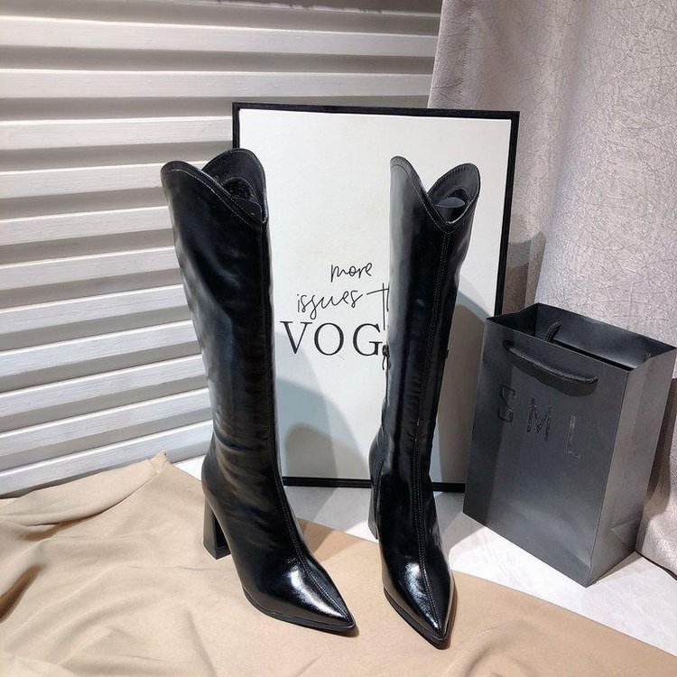 Autumn new patent leather chunky heel high pointed toe Knight boots women's high heel Chelsea V cut stretch fashion skinny boots