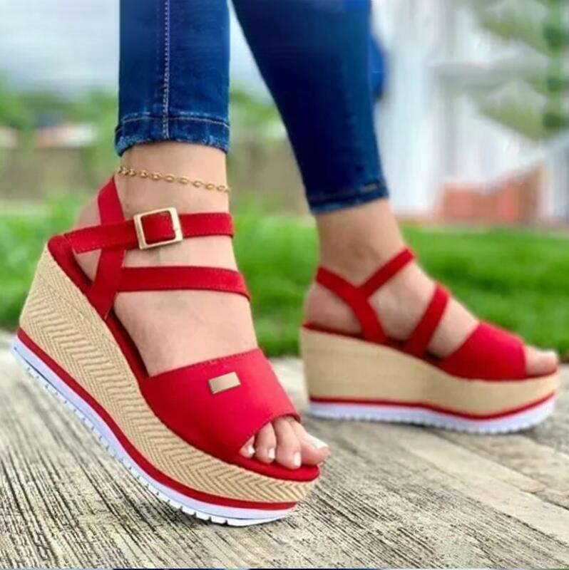 European and American Foreign trade plus size wedge peep toe sandals women's summer thick bottom buckle waterproof platform Roman shoes wish Amazon
