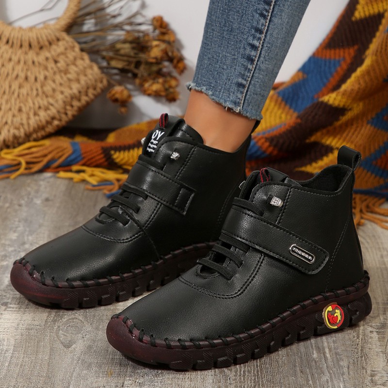 European and American Foreign trade plus size short thin leather boots Women's British style high-top stitching magic stick sneakers wish independent station