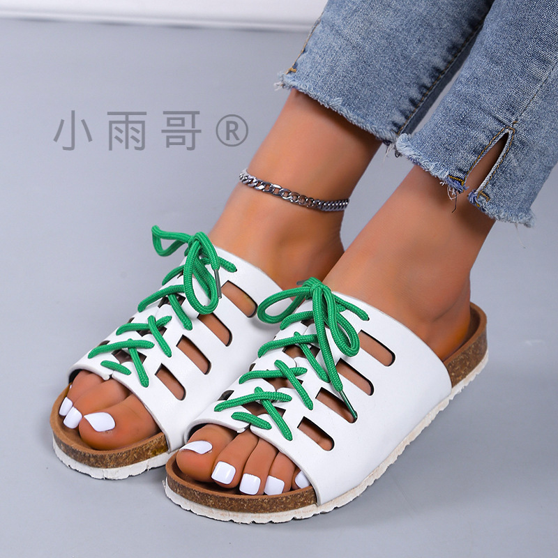 Cross-border European and American Foreign trade flat lace-up slippers Women's Open toe cork platform beach slippers wish