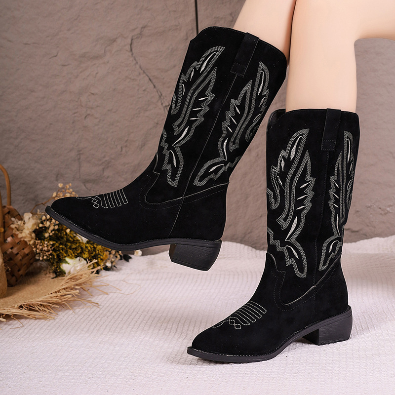 Europe and America cross border chunky heel V cut embroidered Western cowboy boot women's embroidery sleeve retro mid-calf length square head Knight boots