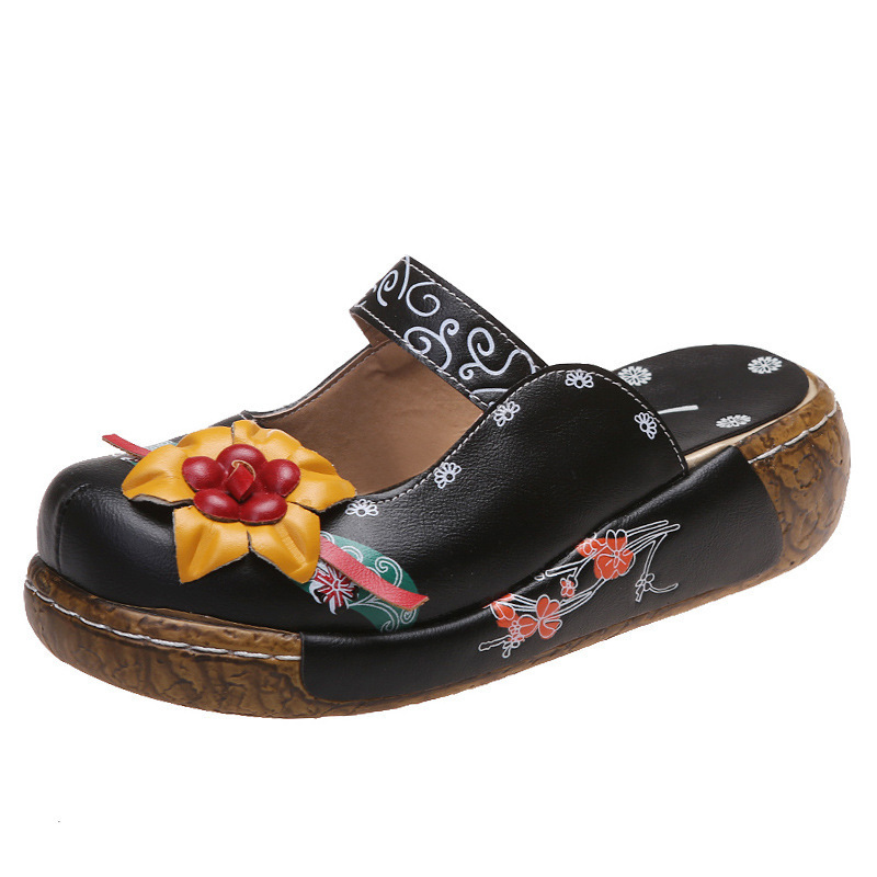 European and American Foreign trade plus size ethnic style thick bottom flower handmade slippers women's cross-border retro closed toe beach slippers