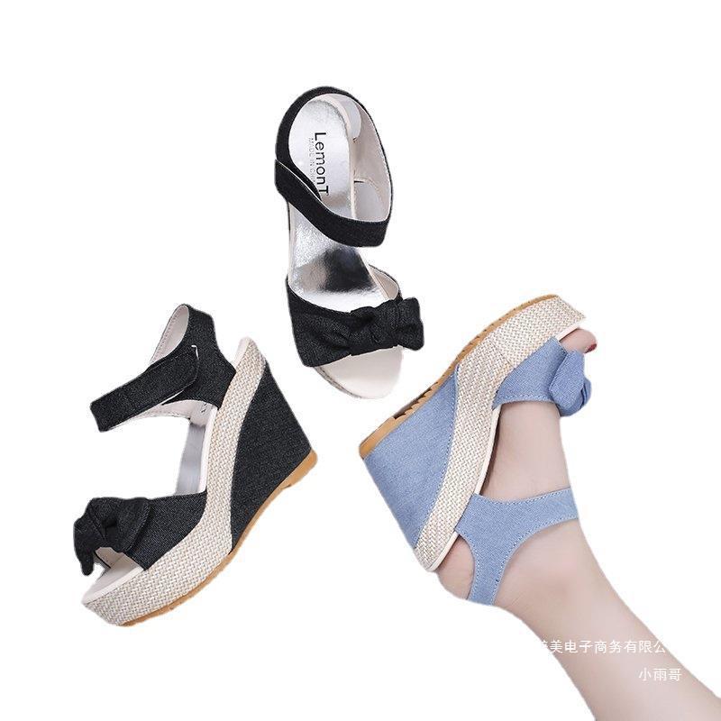 Summer new Korean style bow high heel sandals women peep toe buckle wedge beach slippers independent station