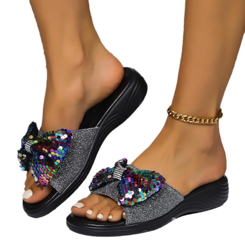 Women's wedgy slippers women's summer new foreign trade plus size fashion outerwear sequins bow slippers