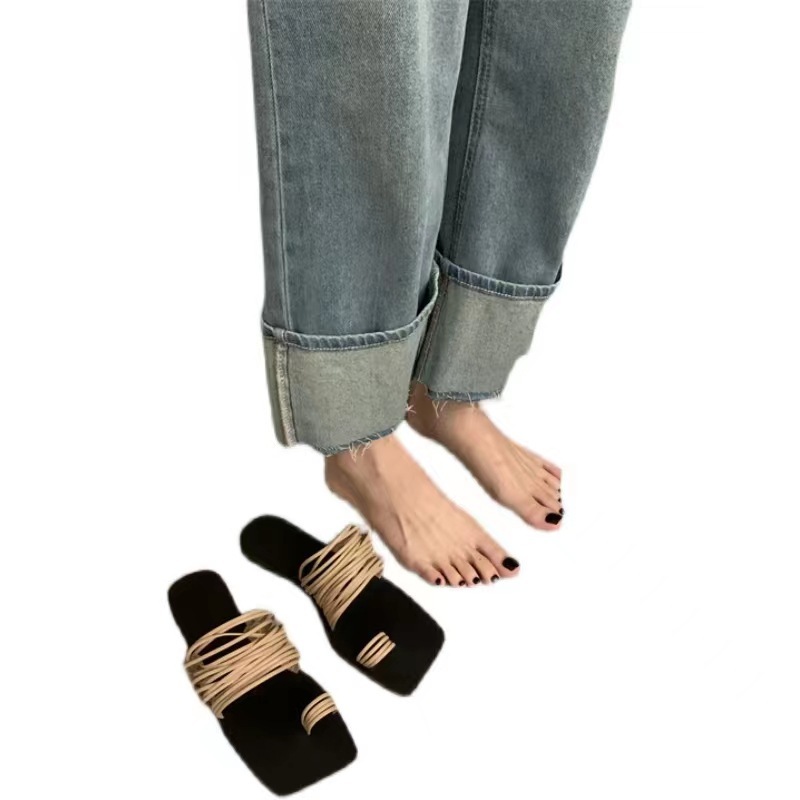 Korean style Foreign trade narrow combination one-word soft leather square toe slippers Women's Open toe flat beach slippers independent station