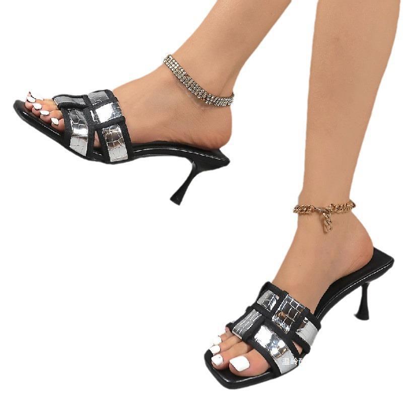 European and American Foreign trade color matching plaid high heel slippers women's cross-border square head crocodile pattern fashion shoes high heels